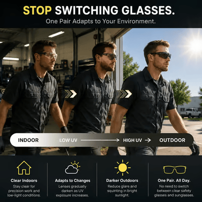 🕶️ Photochromic Safety Glasses – Indoor & Outdoor Impact Protection