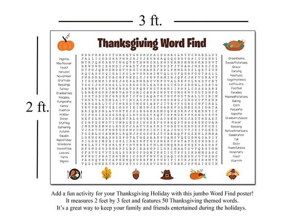 🎉 Jumbo Thanksgiving Word Search Poster – Giant 36"x24" Wall Game! 🎉