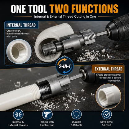💯Drill-Powered Pipe Thread Cutting Bit — Internal & External Threading for 1/2" & 3/4" Plastic Pipes