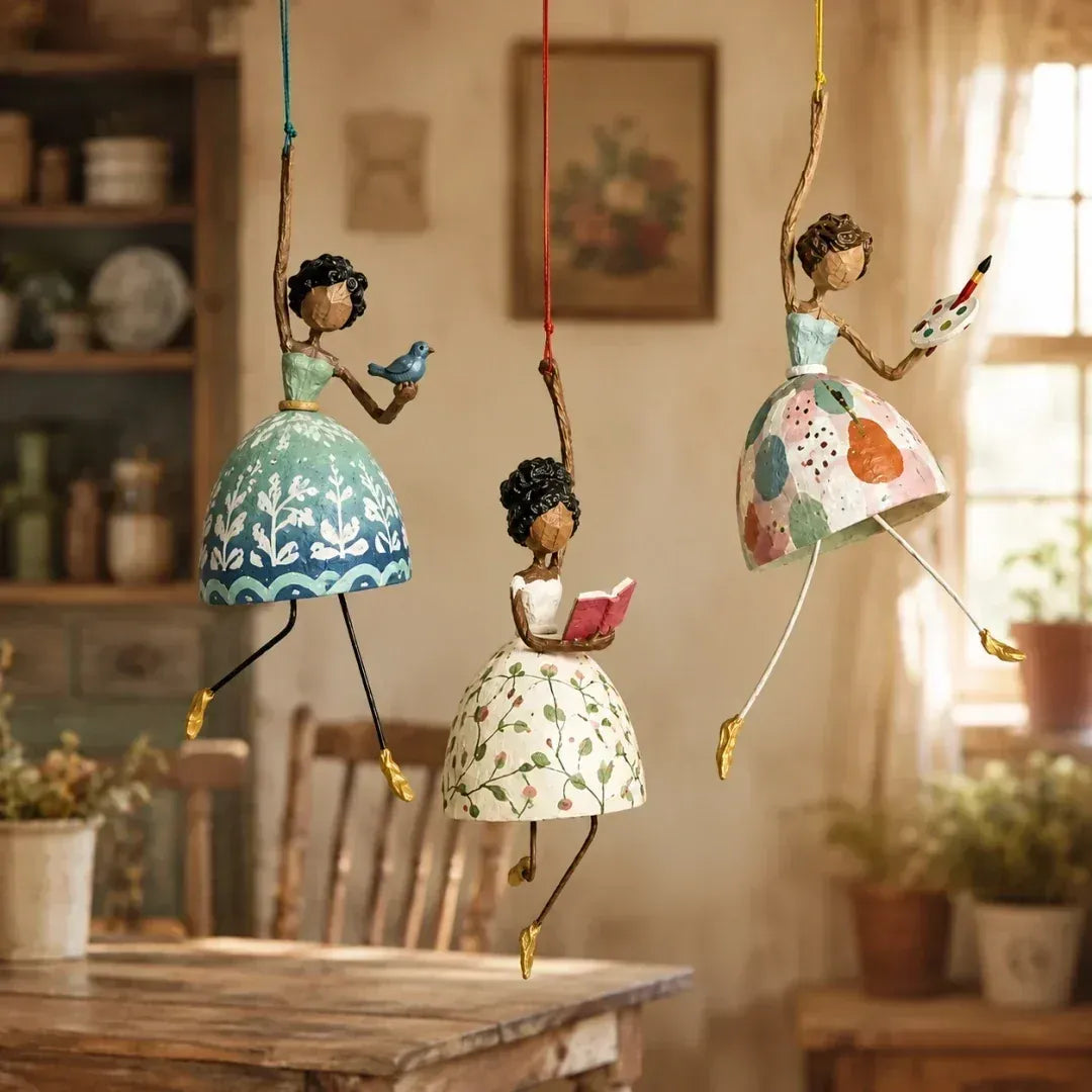 🌸 Hand-painted Hanging Ornament "Dancing Lady" – Playful Folk Art That Comes to Life | Handcrafted Floral Bell Skirt, Wire Legs and Little Songbird Charm