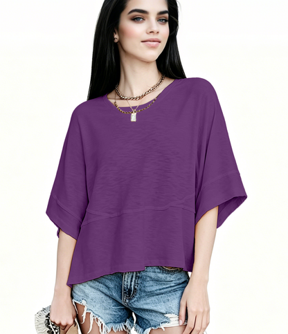 Women's Summer Casual Crewneck Batwing Half Sleeve T-Shirts Solid Color Loose Fit Cute Basic Flowy Tops Tees Blouses