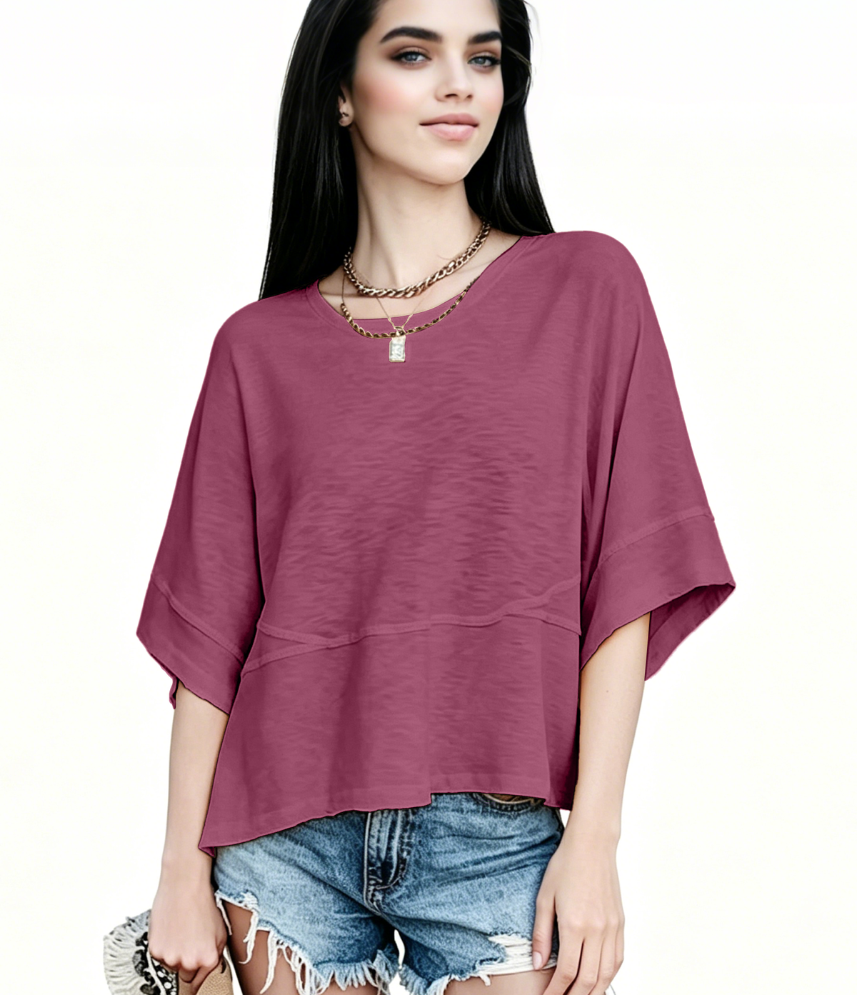 Women's Summer Casual Crewneck Batwing Half Sleeve T-Shirts Solid Color Loose Fit Cute Basic Flowy Tops Tees Blouses