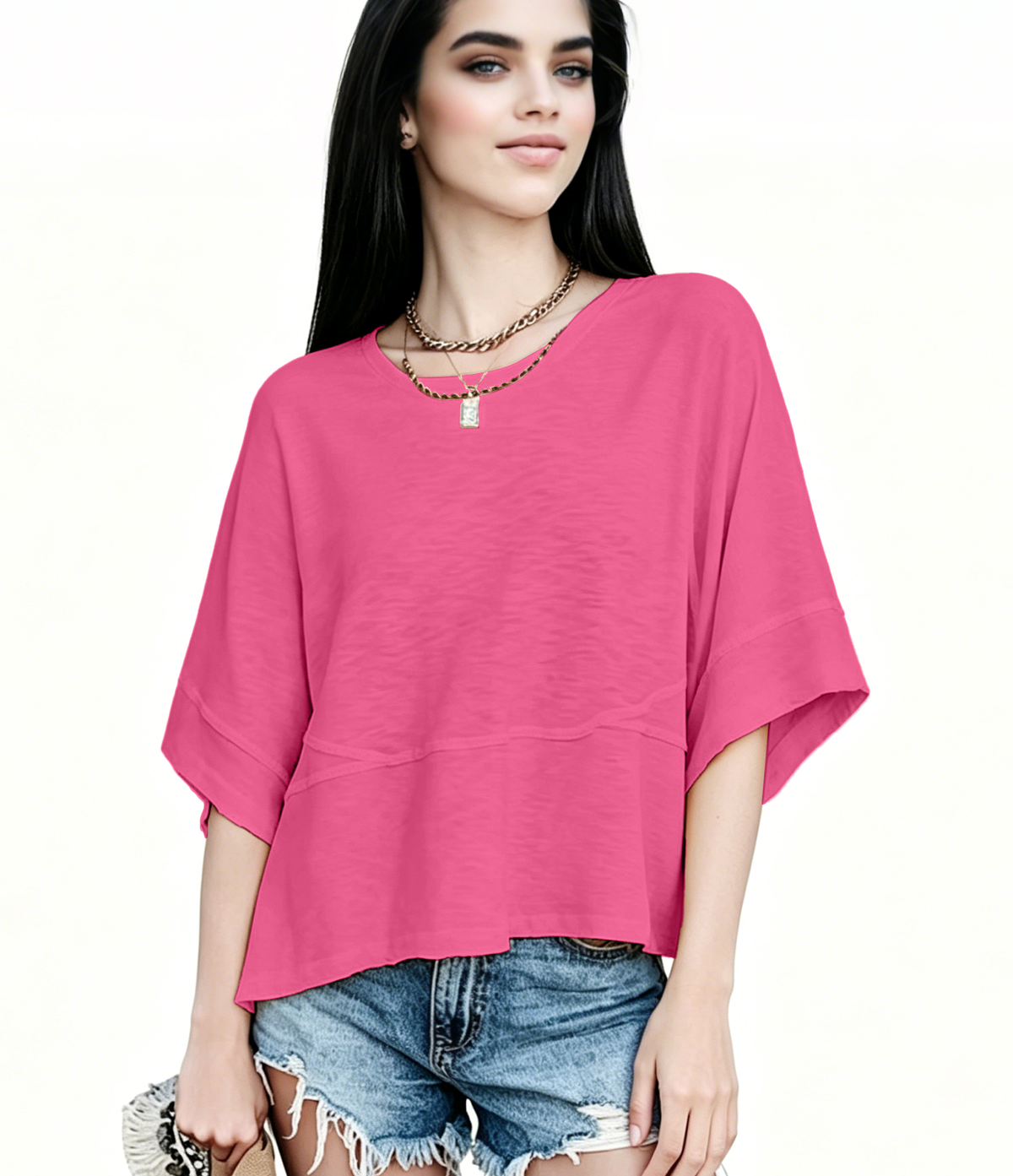 Women's Summer Casual Crewneck Batwing Half Sleeve T-Shirts Solid Color Loose Fit Cute Basic Flowy Tops Tees Blouses