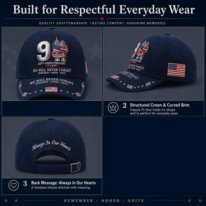 9/11 25th Anniversary We Will Never Forget Printed Memorial Baseball Cap – Unisex Patriotic Memorial Hat🧢