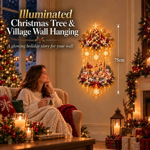 🎄🏠Illuminated Christmas tree and Christmas village wall hanging | Warm glowing string lights for living rooms, entryways and stairwells ✨