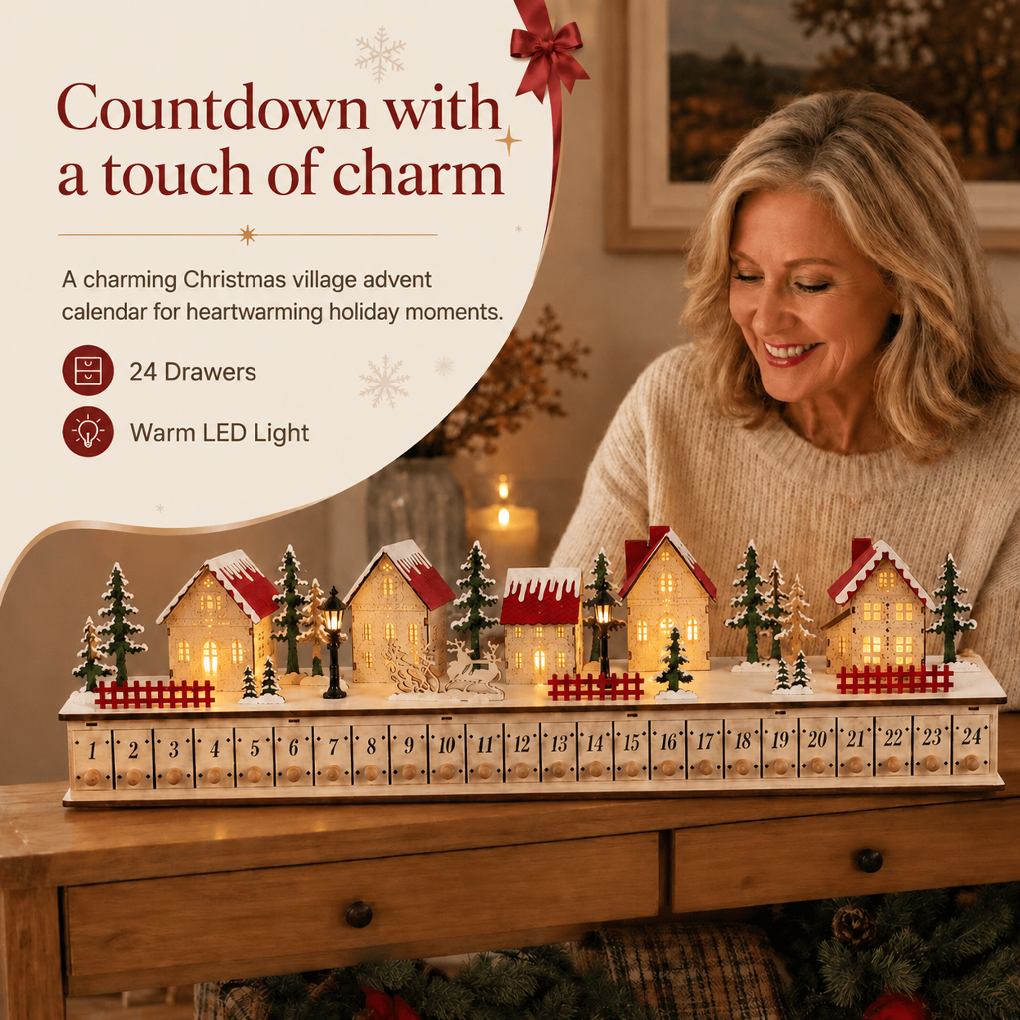 🎁Original, genuine product 🏡✨ 24 Days of Christmas Magic – LED Advent Calendar made of Wood