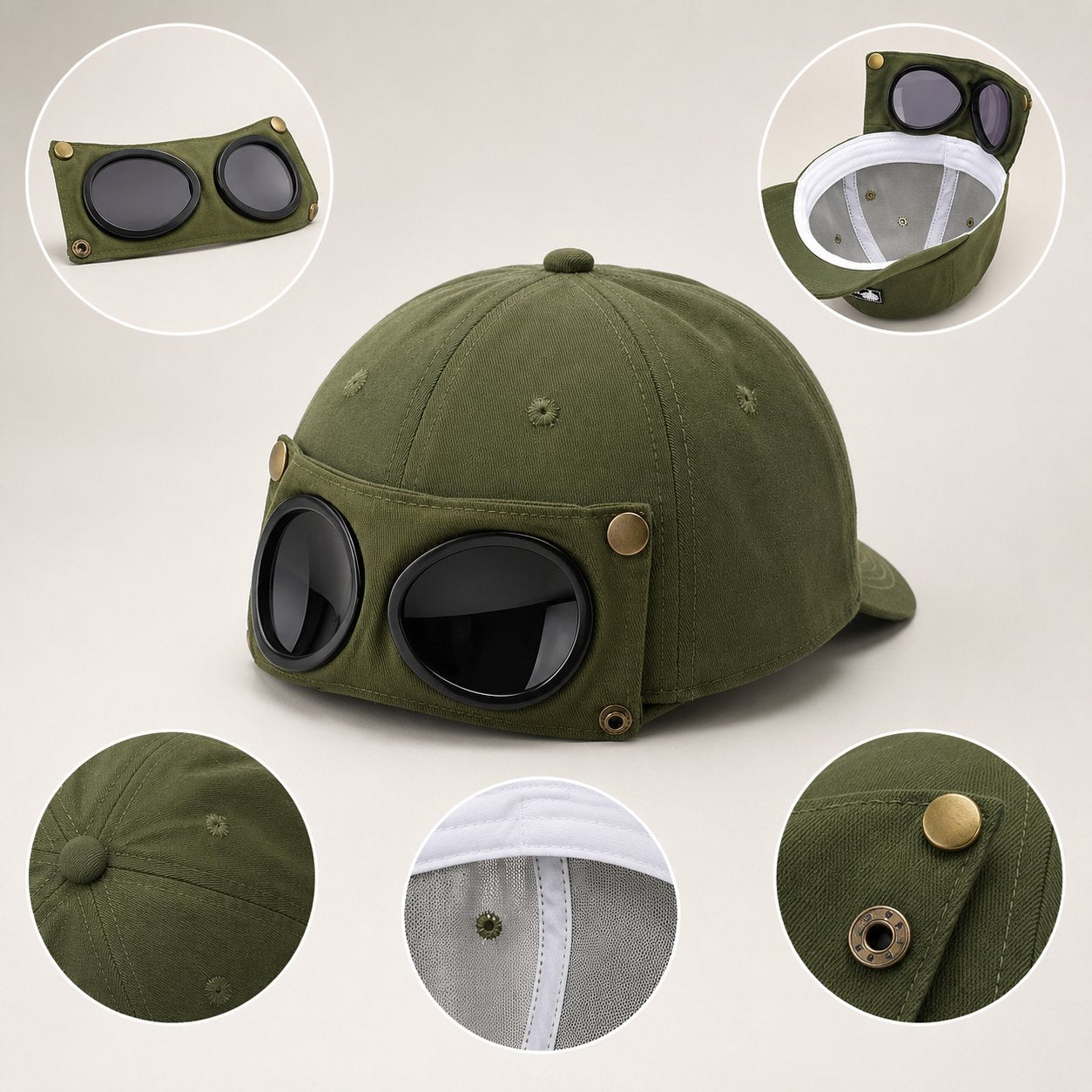Detachable Goggle Pilot Baseball Cap Vintage Hat for Street Fashion & Daily Outfit