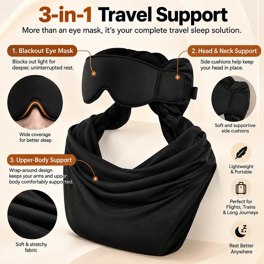 ✈️ 3-in-1 Travel Sleep Support – Blackout Eye Mask & Head Support