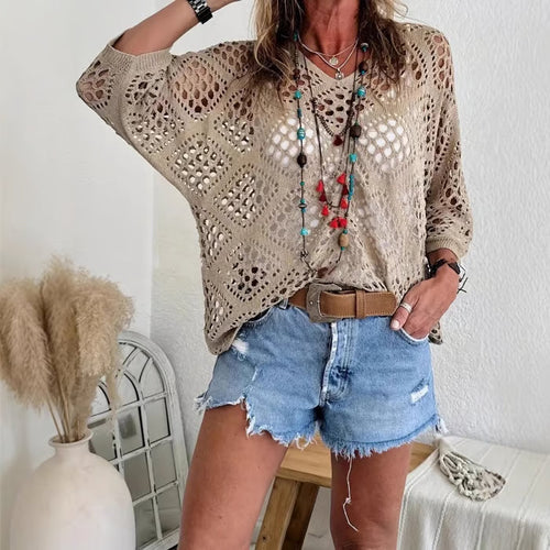 Women's Bohemian-Inspired Beige Crochet Top with V-Neck