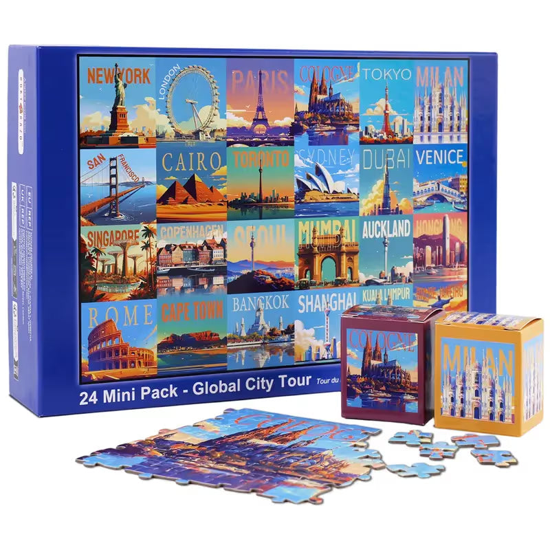 Travel Series, 24 Mini Pack 1000 Pieces Jigsaw Puzzle, 8 Puzzle Stickers, 3 Themes: National Parks, World Heritage, Global City Tour