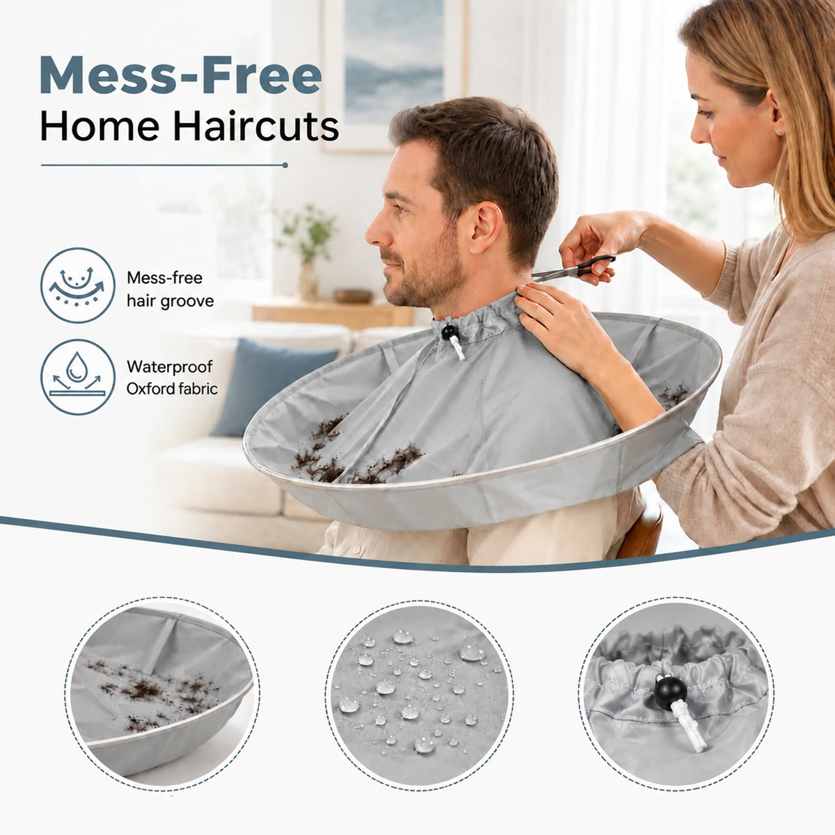 ✂️🧹 Hair Cutting Cape with Catcher – built-in groove traps clippings, no mess on clothes or floors. Waterproof, non-static, folds flat. Perfect for home trims & kids' cuts! 💇✅