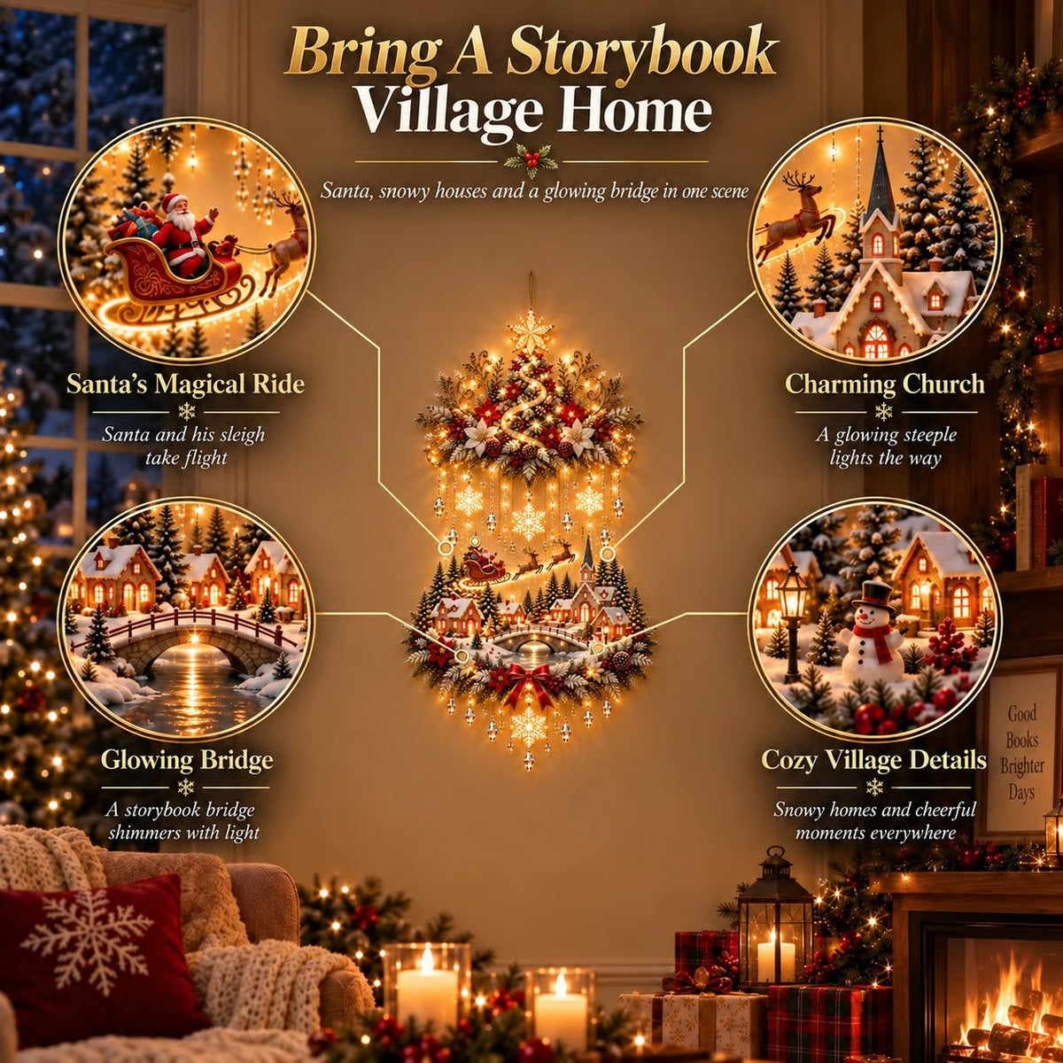 🎄🏠Illuminated Christmas tree and Christmas village wall hanging | Warm glowing string lights for living rooms, entryways and stairwells ✨