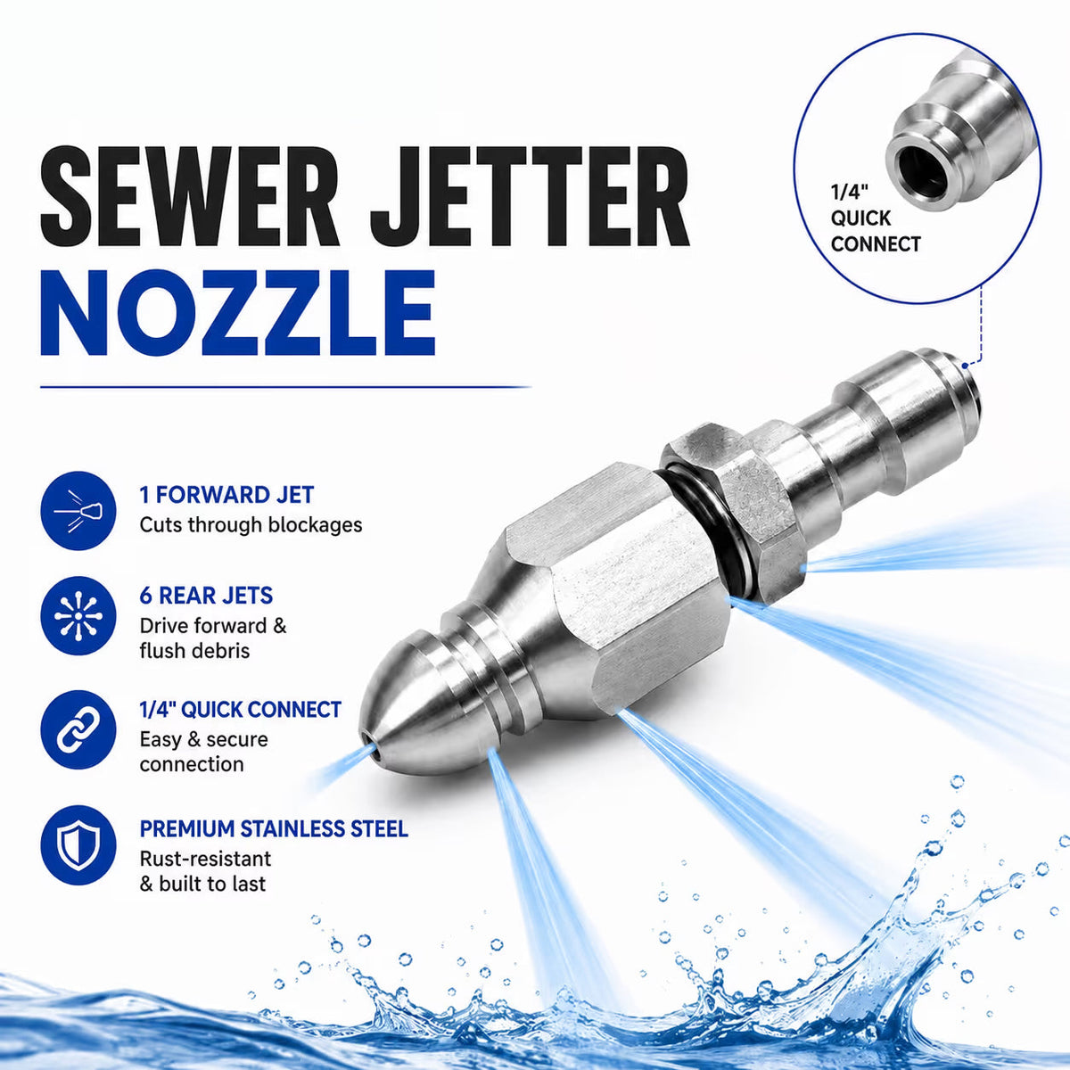 Stainless Steel Sewer Jetter Nozzle – 1/4" Quick Connect Drain Cleaning Attachment for Pressure Washers