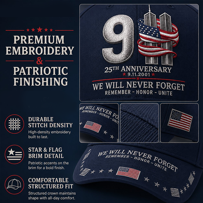 9/11 25th Anniversary We Will Never Forget Printed Memorial Baseball Cap – Unisex Patriotic Memorial Hat🧢