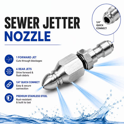 Stainless Steel Sewer Jetter Nozzle – 1/4" Quick Connect Drain Cleaning Attachment for Pressure Washers