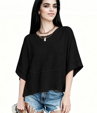Women's Summer Casual Crewneck Batwing Half Sleeve T-Shirts Solid Color Loose Fit Cute Basic Flowy Tops Tees Blouses