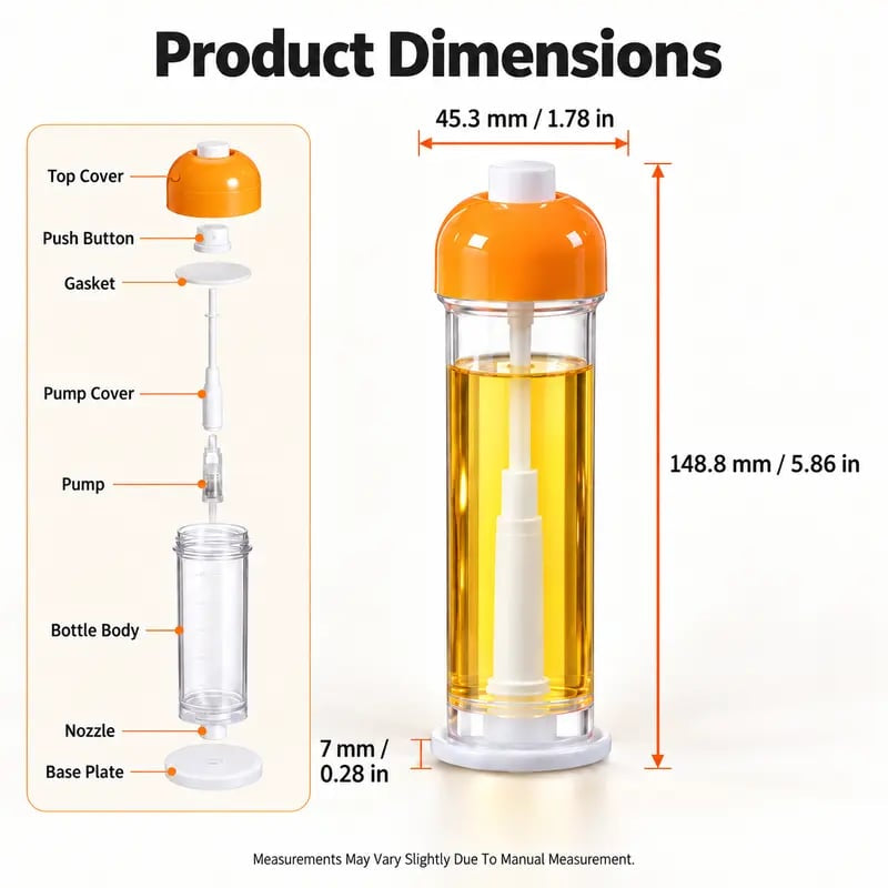 Oil sprayer dimensions diagram showing bottle height, top width and the separate nozzle base