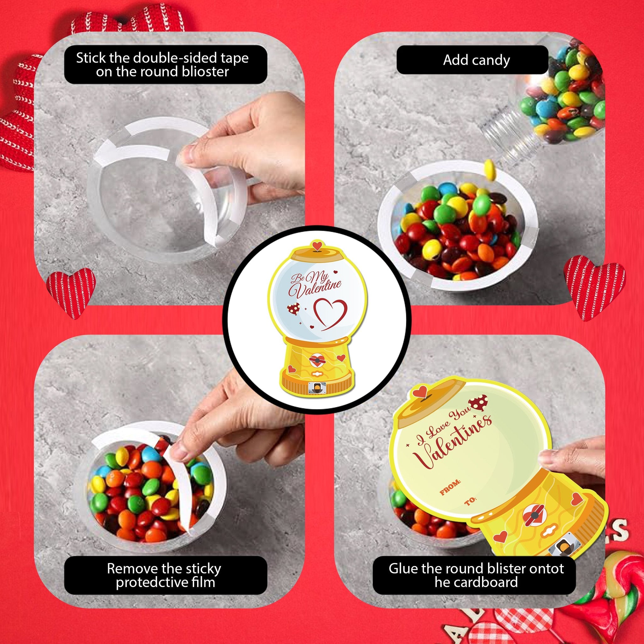 36 Pcs Valentine's Candy Cards Kids Gifts Set with Plastic Domes DIY Craft Treat Holder Bulk Class Valentines Candy Exchange Gifts for Couples Families School Party Classroom Gifts