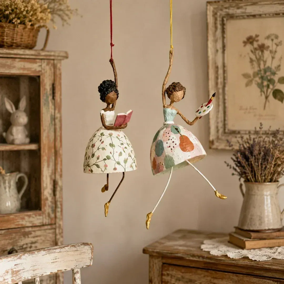 🌸 Hand-painted Hanging Ornament "Dancing Lady" – Playful Folk Art That Comes to Life | Handcrafted Floral Bell Skirt, Wire Legs and Little Songbird Charm