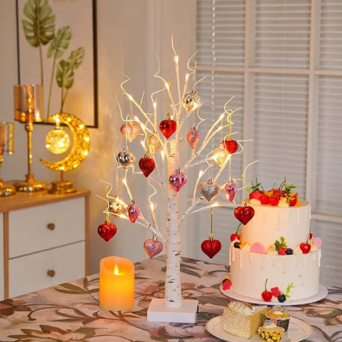 💡❤️Valentine's Day Decor: Lighted Birch Tree with Heart Ornaments