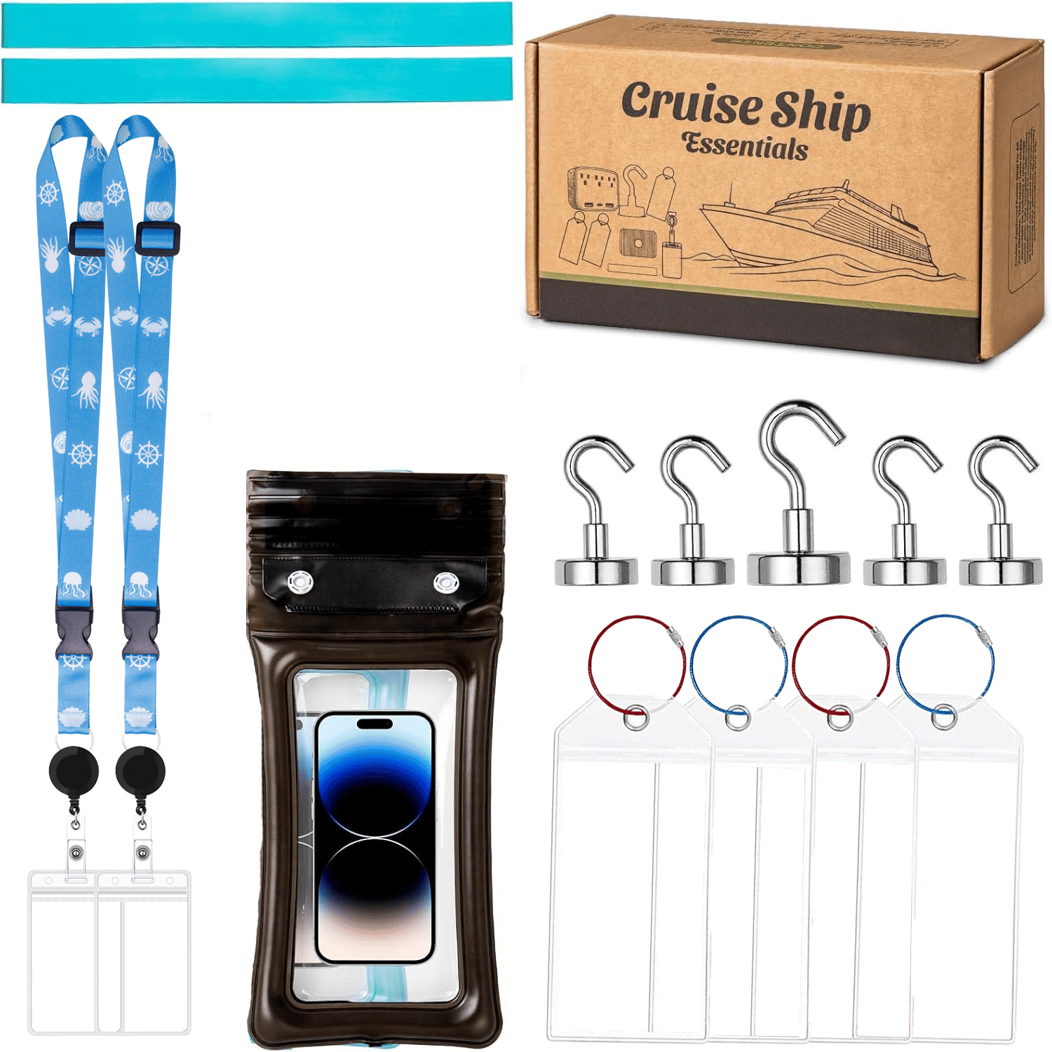 🚢Cruise Essentials 2026- Cruise Must Haves Kit with Non-Surge Protector Power Strip, Lanyard with ID Holder, Magnetic Hooks, Luggage Tag Set, Towel Bands, Waterproof Phone Holder