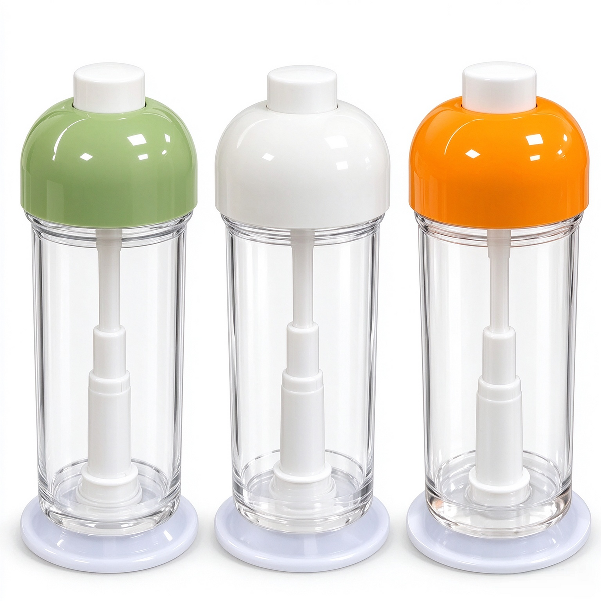 Refillable oil sprayer bottle color options shown in green, white and orange
