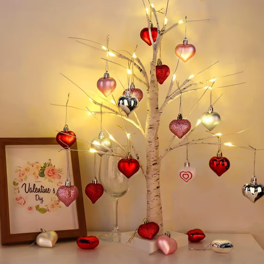 💡❤️Valentine's Day Decor: Lighted Birch Tree with Heart Ornaments
