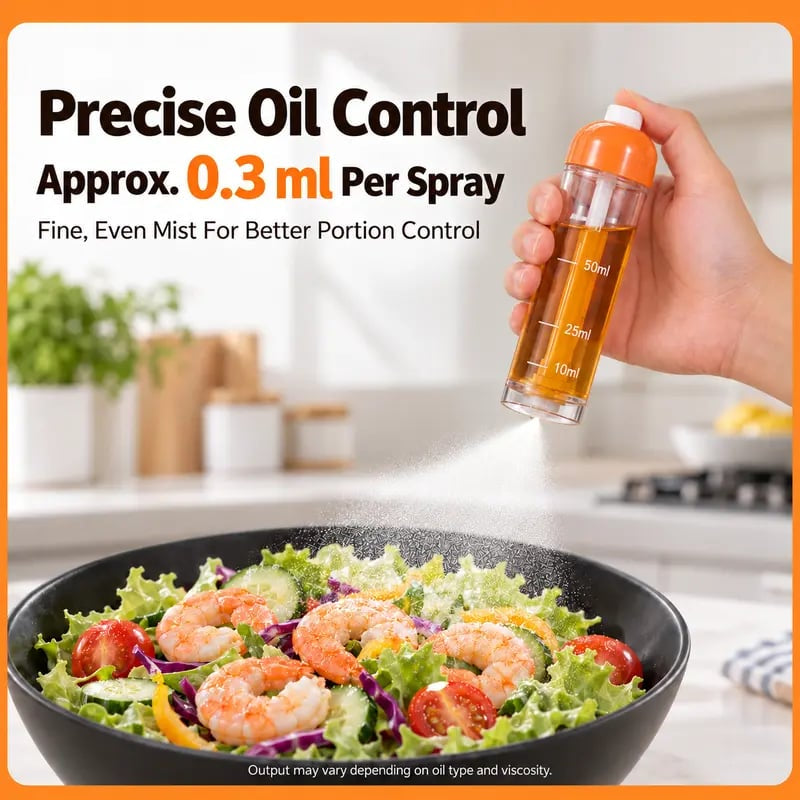 Fine mist oil sprayer demonstrating controlled application above a fresh shrimp salad
