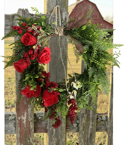 ❤️ Valentine’s Day Farmhouse Valentine Heart Wreath: Red Roses & Berries🎉