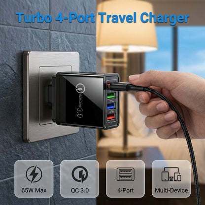 Chargeur de voyage quatre ports pour une autonomie prolongée du téléphone