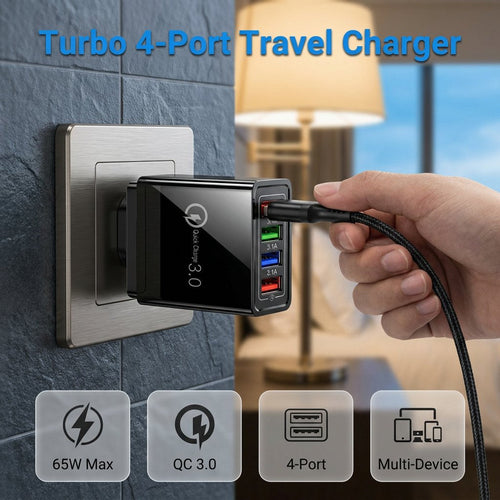 Chargeur de voyage quatre ports pour une autonomie prolongée du téléphone