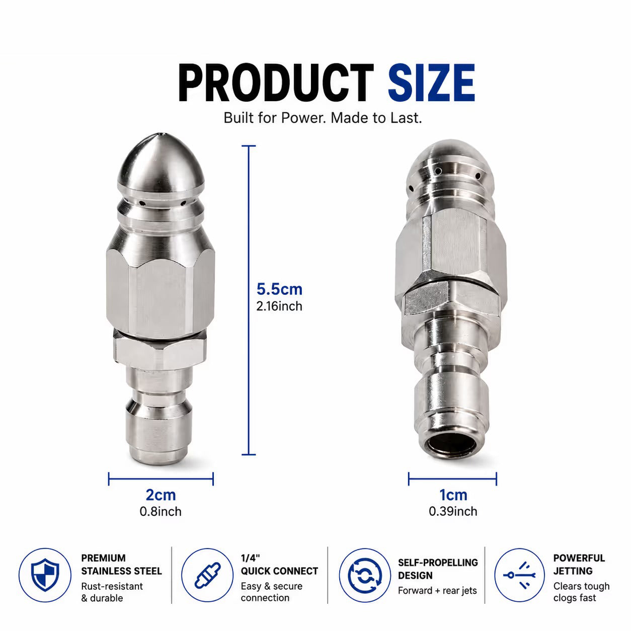 Stainless Steel Sewer Jetter Nozzle – 1/4" Quick Connect Drain Cleaning Attachment for Pressure Washers