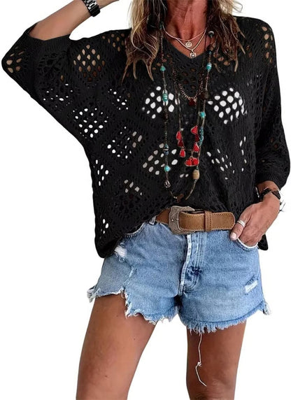 Women's Bohemian-Inspired Beige Crochet Top with V-Neck