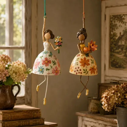 🌸 Hand-painted Hanging Ornament "Dancing Lady" – Playful Folk Art That Comes to Life | Handcrafted Floral Bell Skirt, Wire Legs and Little Songbird Charm