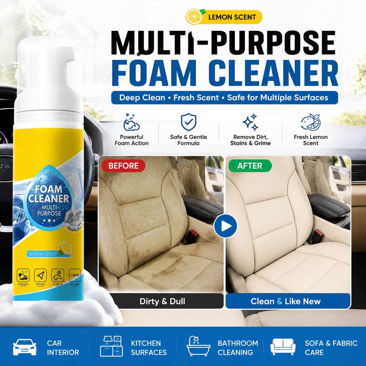 🔥Multi-Function Foam Cleaner – Deep Clean Car, Kitchen, Bathroom & Sofa