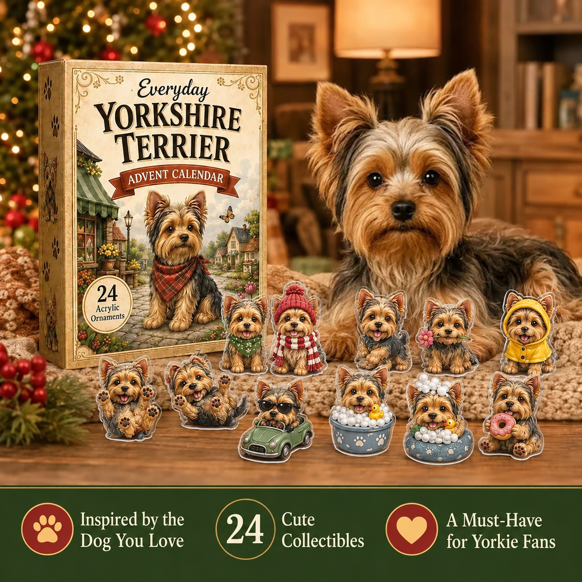 💥✨Yorkshire Terrier 2D Advent Calendar – 24 Unique Yorkie Acrylic Ornaments & Daily Christmas Surprises