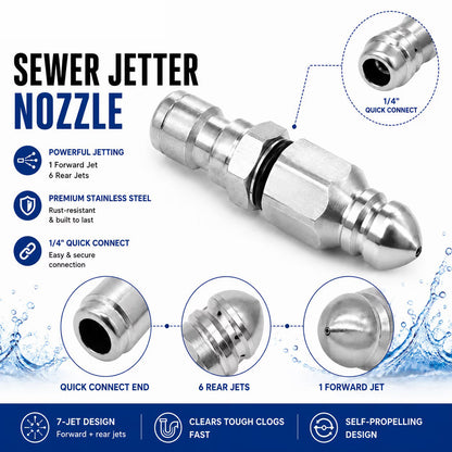 Stainless Steel Sewer Jetter Nozzle – 1/4" Quick Connect Drain Cleaning Attachment for Pressure Washers