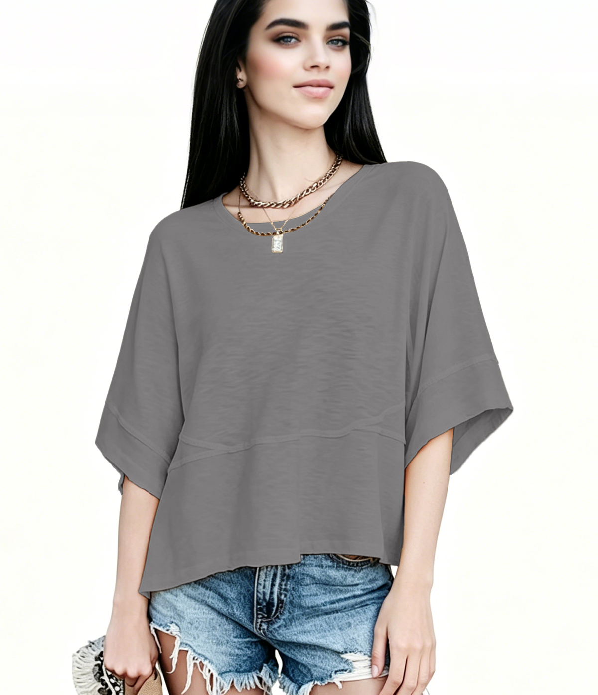 Women's Summer Casual Crewneck Batwing Half Sleeve T-Shirts Solid Color Loose Fit Cute Basic Flowy Tops Tees Blouses