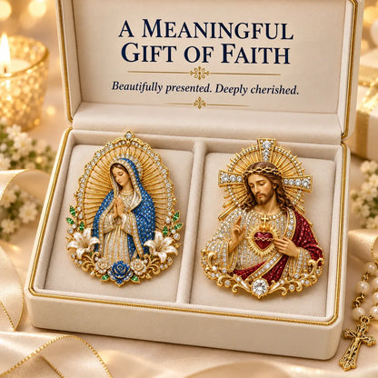 ✝️ 3D Jesus & Mary Sacred Devotion Pin ⏳Gold-Tone Crystal Christian Brooch ❤️