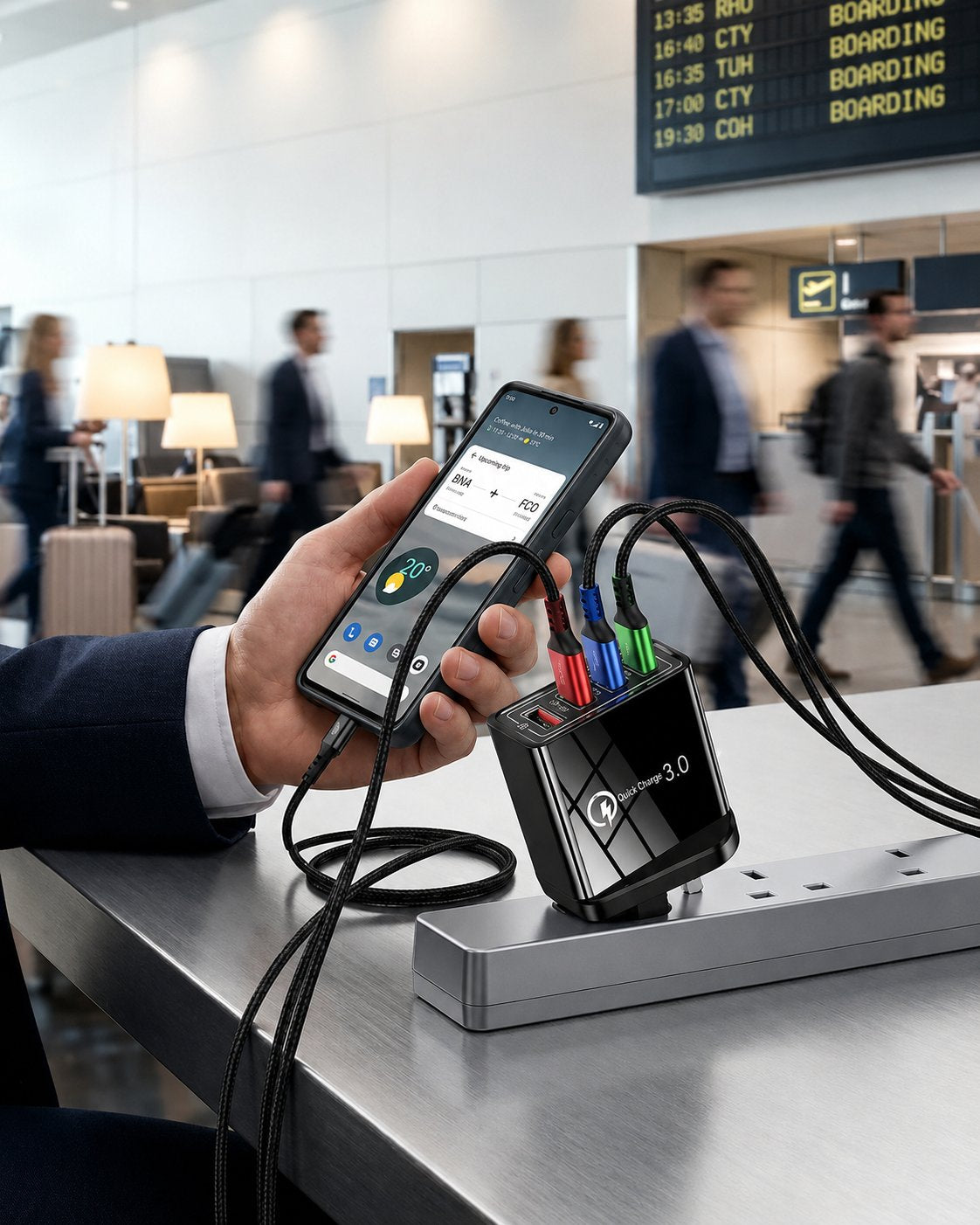 Chargeur de voyage à quatre ports pour une autonomie prolongée du téléphone