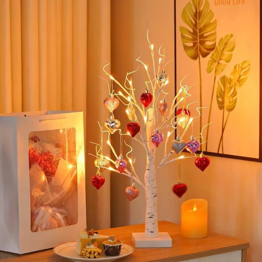 💡❤️Valentine's Day Decor: Lighted Birch Tree with Heart Ornaments