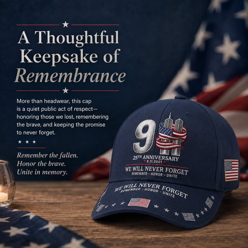 9/11 25th Anniversary We Will Never Forget Printed Memorial Baseball Cap – Unisex Patriotic Memorial Hat🧢