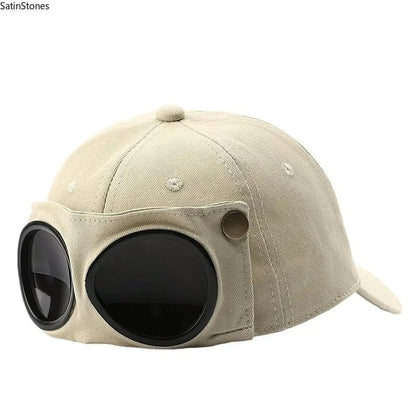Detachable Goggle Pilot Baseball Cap Vintage Hat for Street Fashion & Daily Outfit