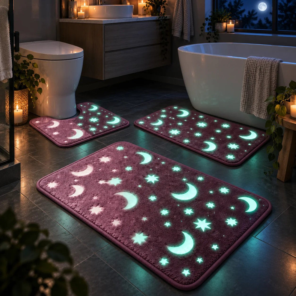 🌙 Glow In The Dark Moon & Star Bathroom Mat Set – 3-Piece Plush Set