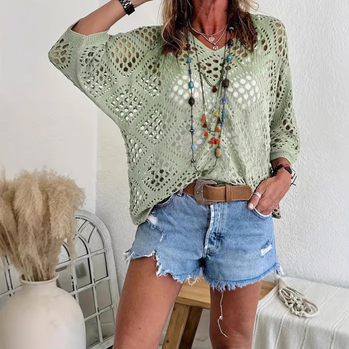 Women's Bohemian-Inspired Beige Crochet Top with V-Neck
