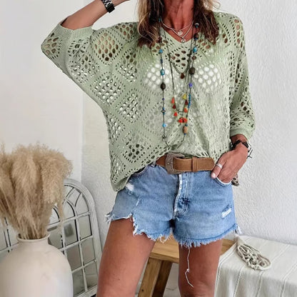 Women's Bohemian-Inspired Beige Crochet Top with V-Neck