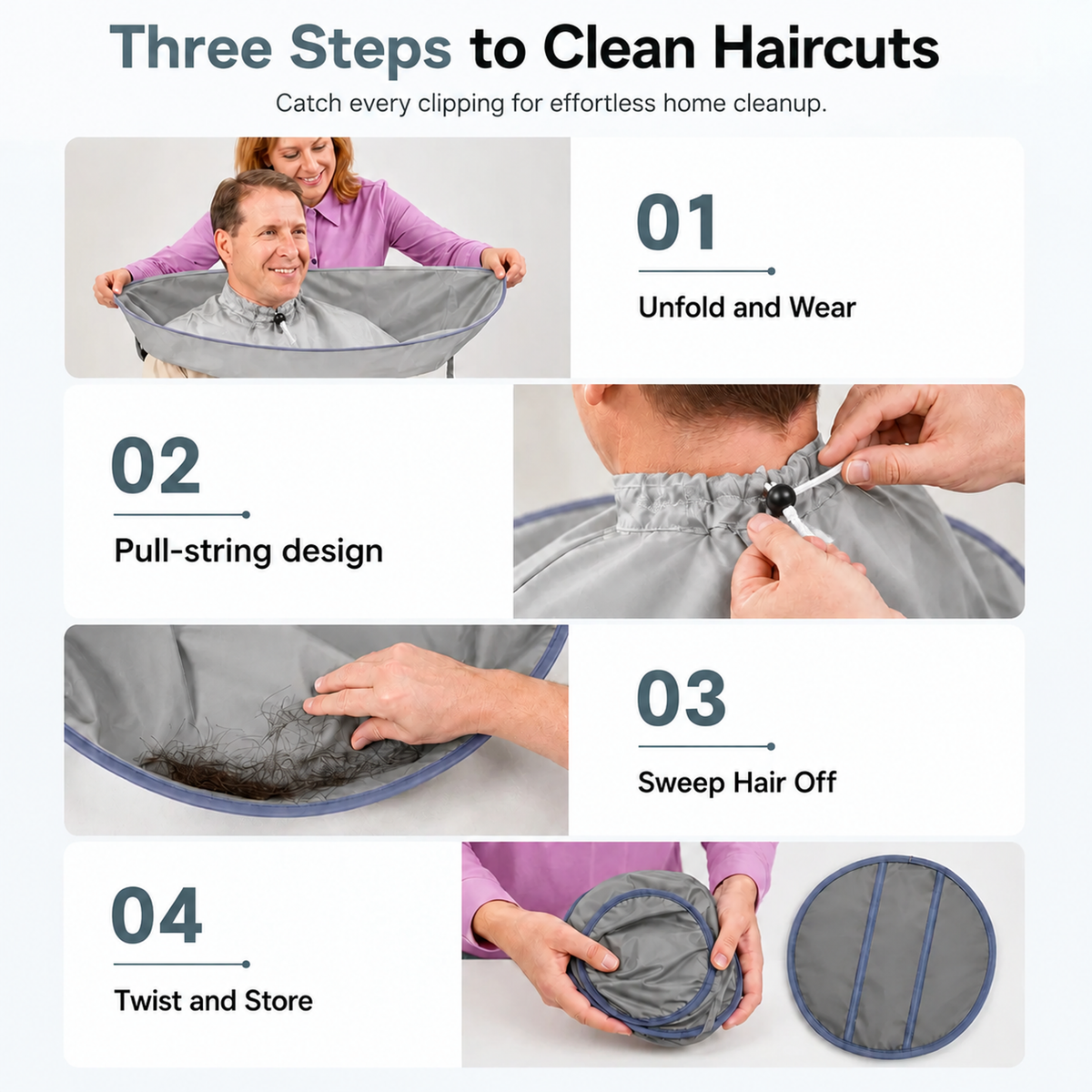 ✂️🧹 Hair Cutting Cape with Catcher – built-in groove traps clippings, no mess on clothes or floors. Waterproof, non-static, folds flat. Perfect for home trims & kids' cuts! 💇✅