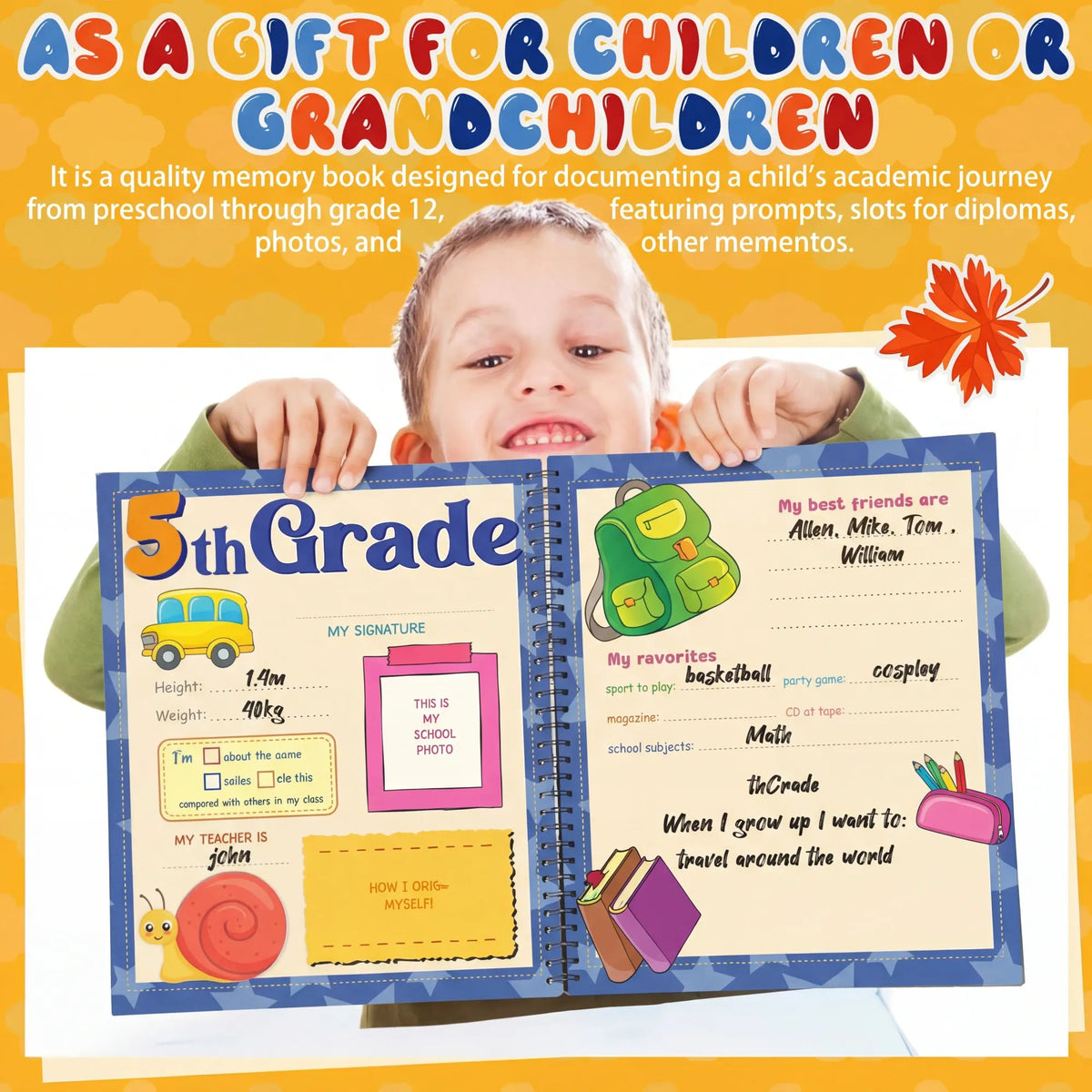 📖School Memory Book with 14 Keepsake Pockets