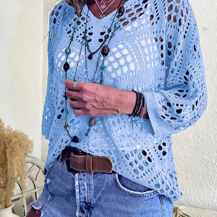 Women's Bohemian-Inspired Beige Crochet Top with V-Neck