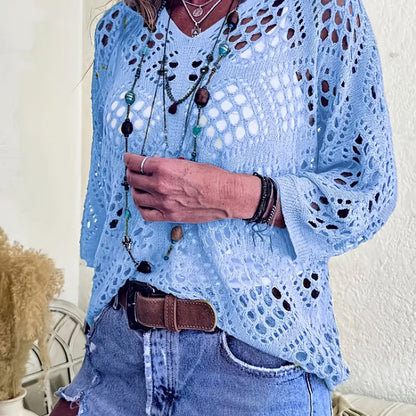 Women's Bohemian-Inspired Beige Crochet Top with V-Neck